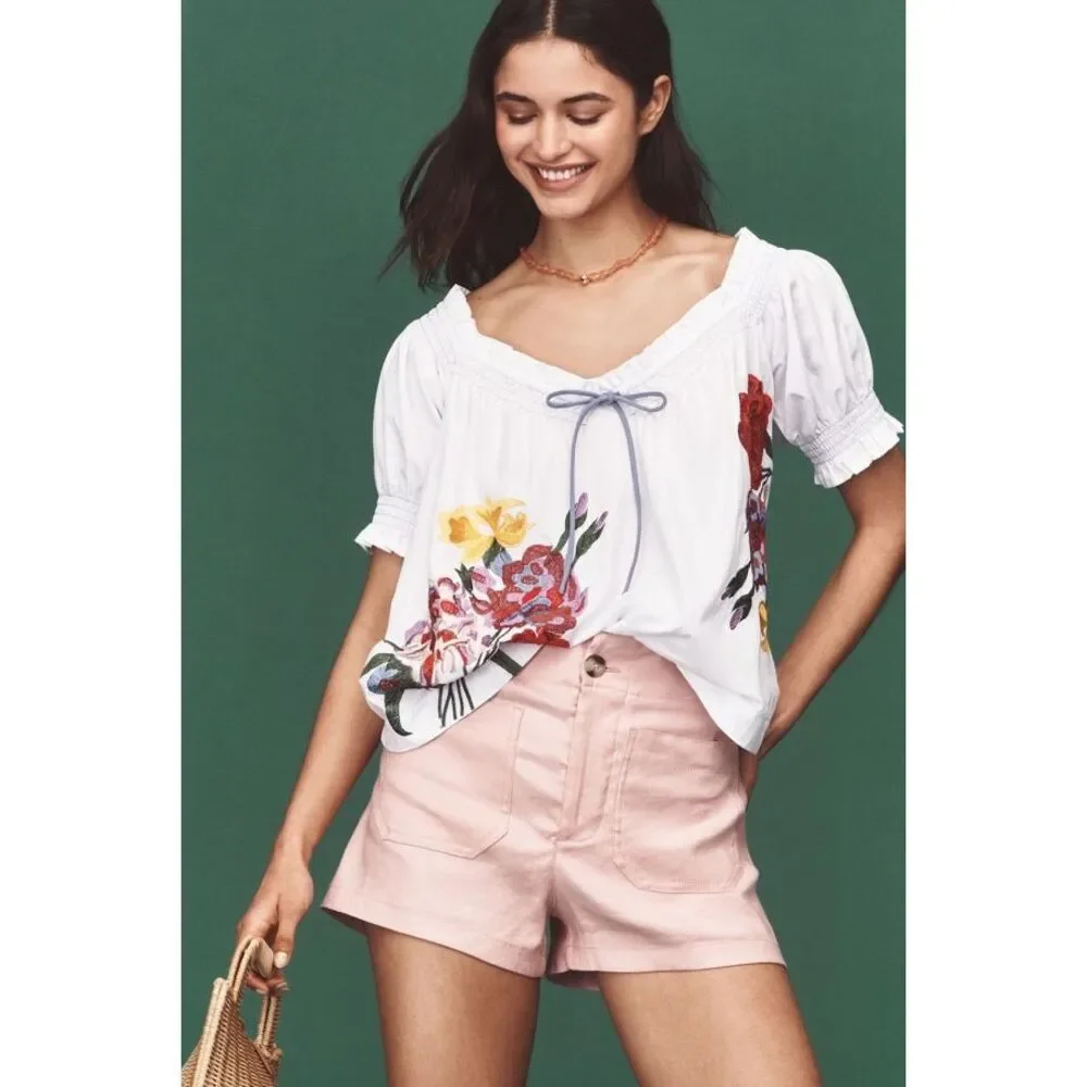 Anthropologie Puff-Sleeve Tie-Front Embroidered Blouse